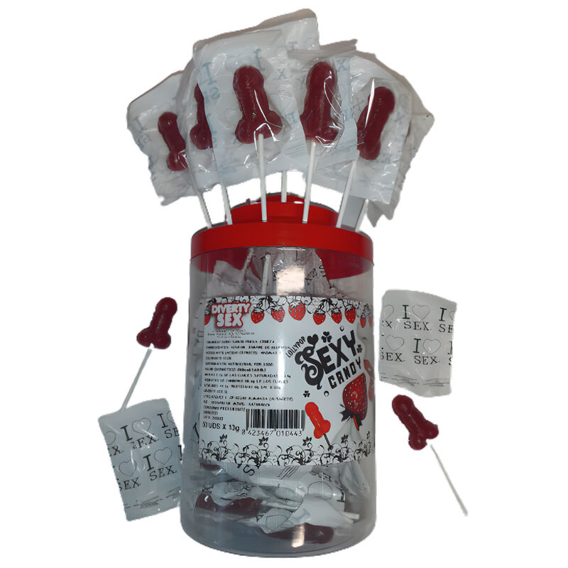 DIABLO PICANTE - 50 PIRULITOS DE PÊNIS DE MORANGO E CEREJA 50 UNIDADES